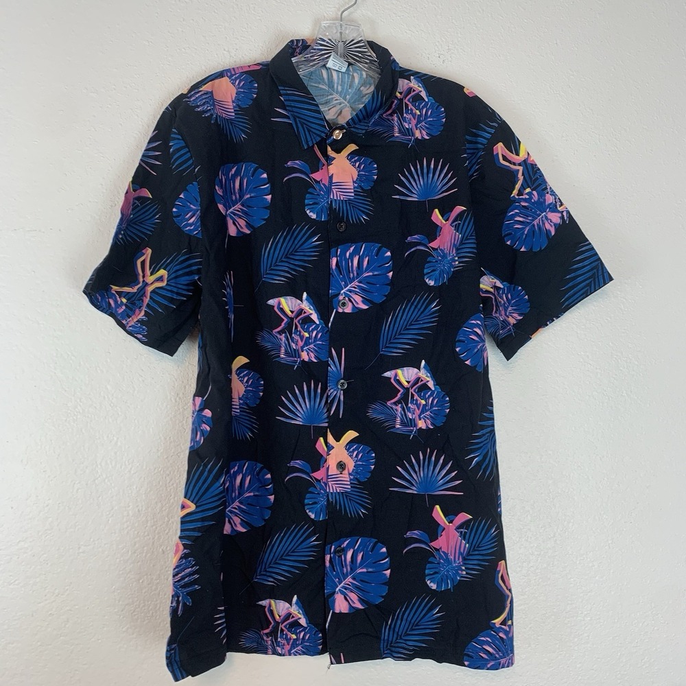 Dutch Bros Coffee Shirt Mens Medium Tropical Hawaiian Retro Vapor Wave Button Up